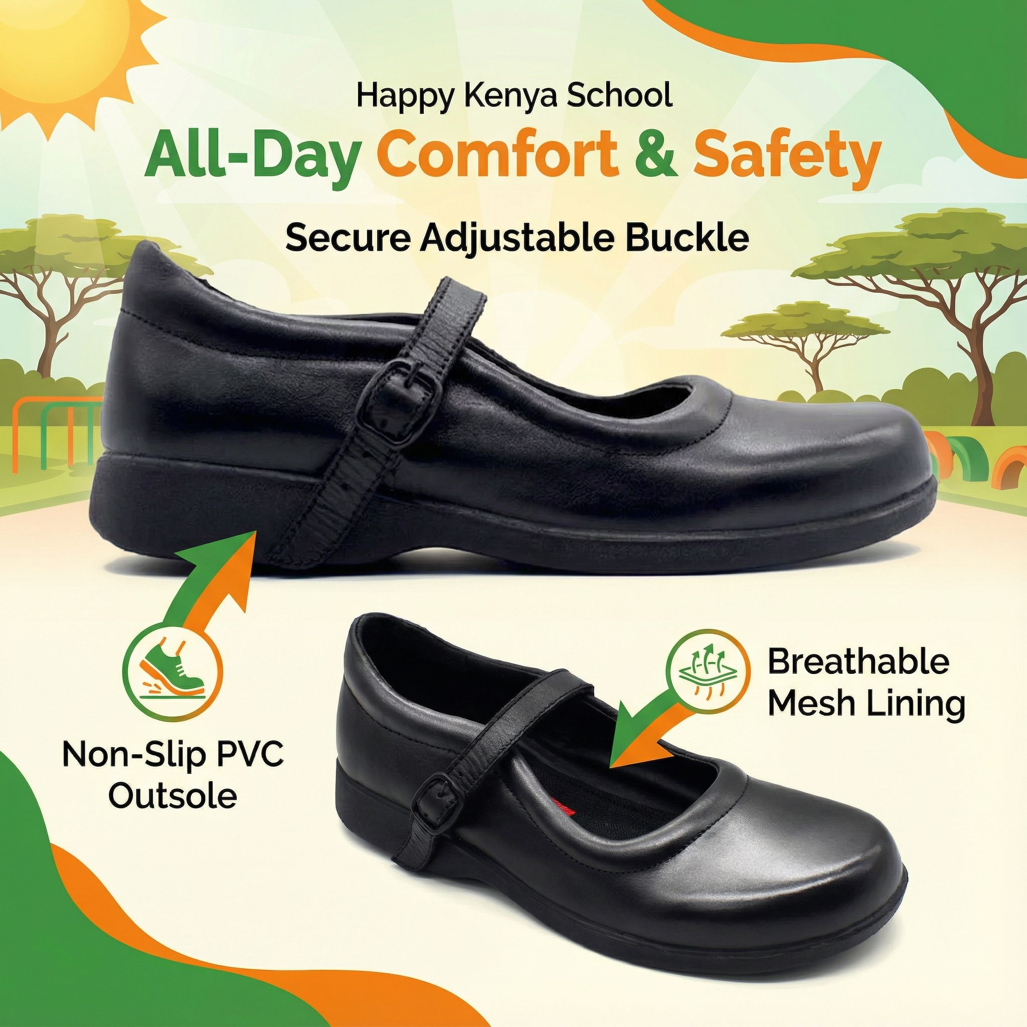 UMOJA Zuri Girls’ Buckle Leather School Shoes – Black | Made in Kenya by Umoja, Genuine Leather, Classic Strap, Lightweight Build, Non-Slip Sole & Comfortable Fit for Stylish Learners