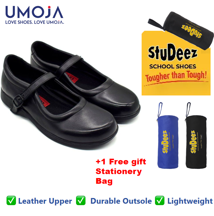 UMOJA Zuri Girls’ Buckle Leather School Shoes – Black | Made in Kenya by Umoja, Genuine Leather, Classic Strap, Lightweight Build, Non-Slip Sole & Comfortable Fit for Learners + FREE GIFT FOR YOU