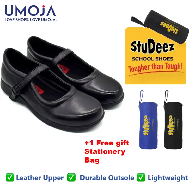 UMOJA Zuri Girls’ Buckle Leather School Shoes – Black | Made in Kenya by Umoja, Genuine Leather, Classic Strap, Lightweight Build, Non-Slip Sole & Comfortable Fit for Learners + FREE GIFT FOR YOU