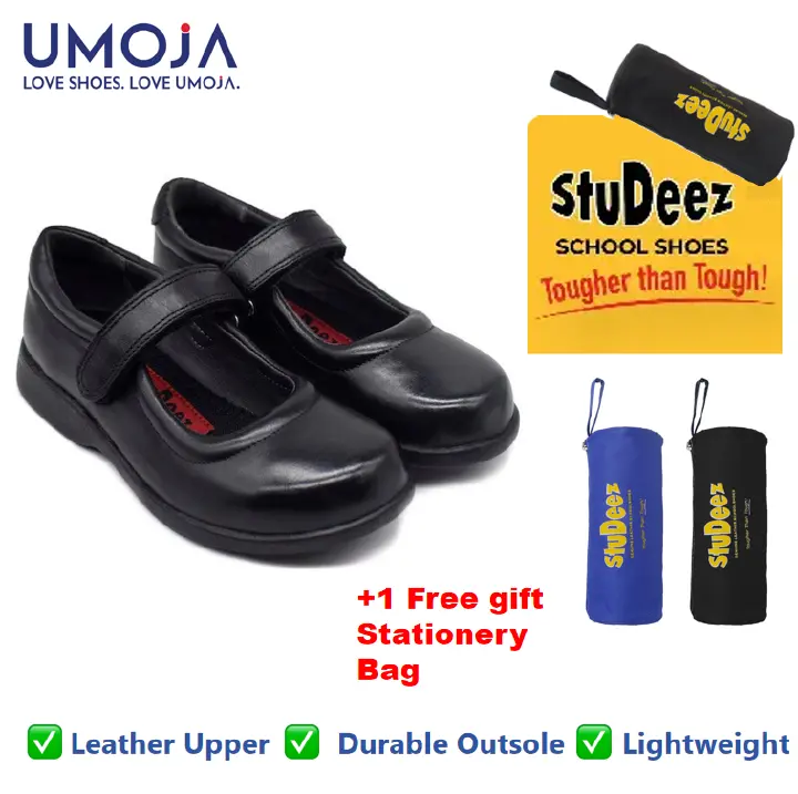 UMOJA Zuri Girls’ Velcro Leather School Shoes – Black | Made in Kenya by Umoja, Genuine Leather Lightweight Build, Anti-Slip Sole Secure Strap & Stylish Finish,kids School shoes + FREE GIFT FOR YOU