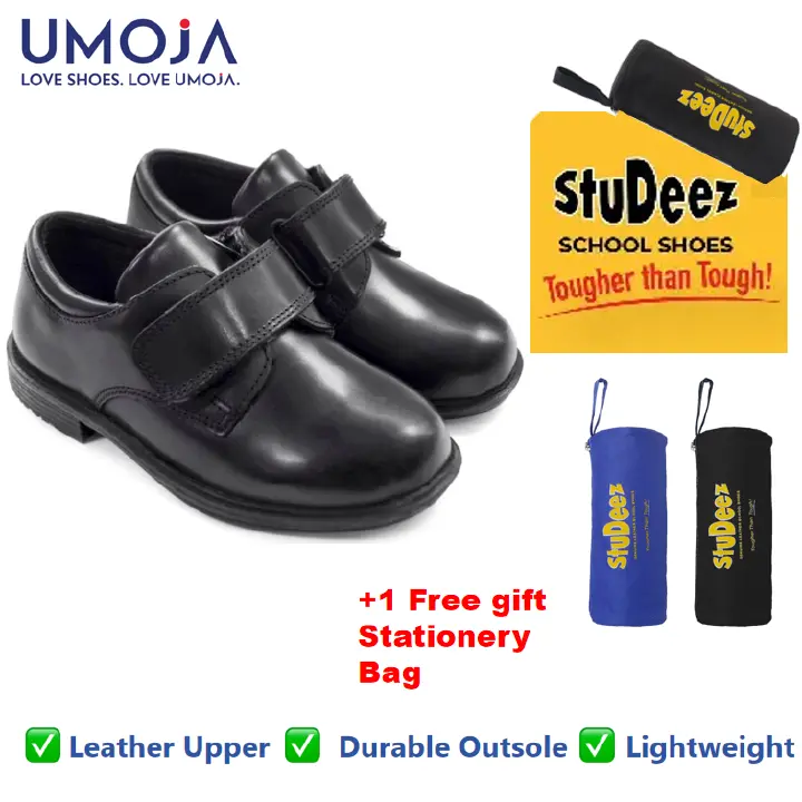 UMOJA Taji Boys’ Single Velcro Leather School Shoes – Black | Made in Kenya by Umoja, Genuine Leather, Durable Sole, Easy Double-Strap Closure, For School Kids Shoes + FREE GIFT FOR YOU