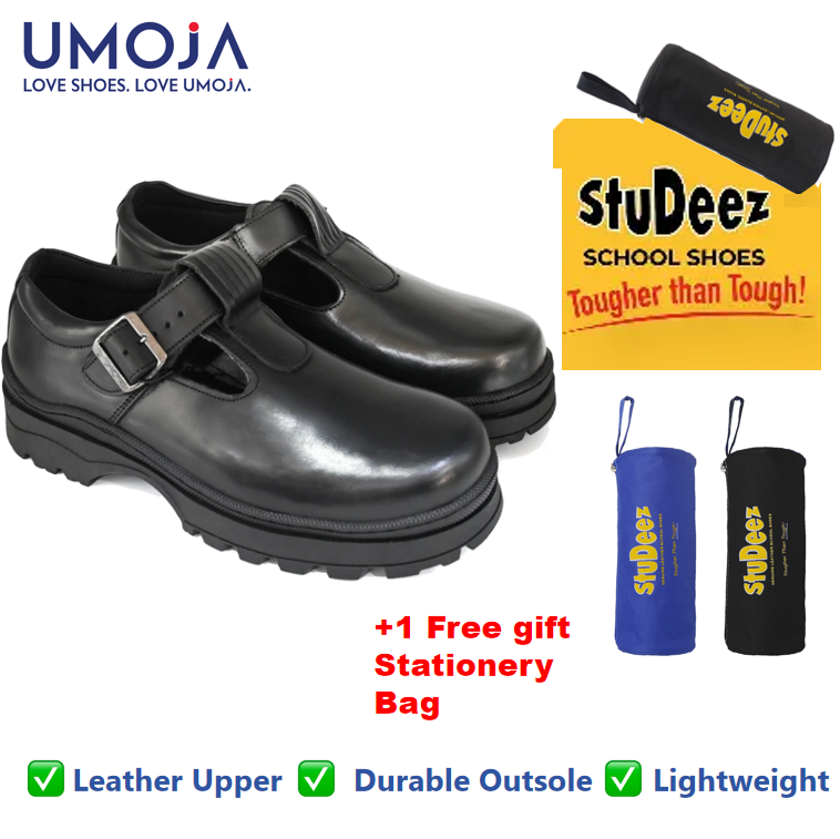 UMOJA Shupavu Girls’ Leather School Shoes – Black | Made in Kenya by Umoja in sizes 9C – 1 , Premium Genuine Leather, Durable Sole, For Little Girls’ Daily School Kids Shoes + FREE GIFT FOR YOU