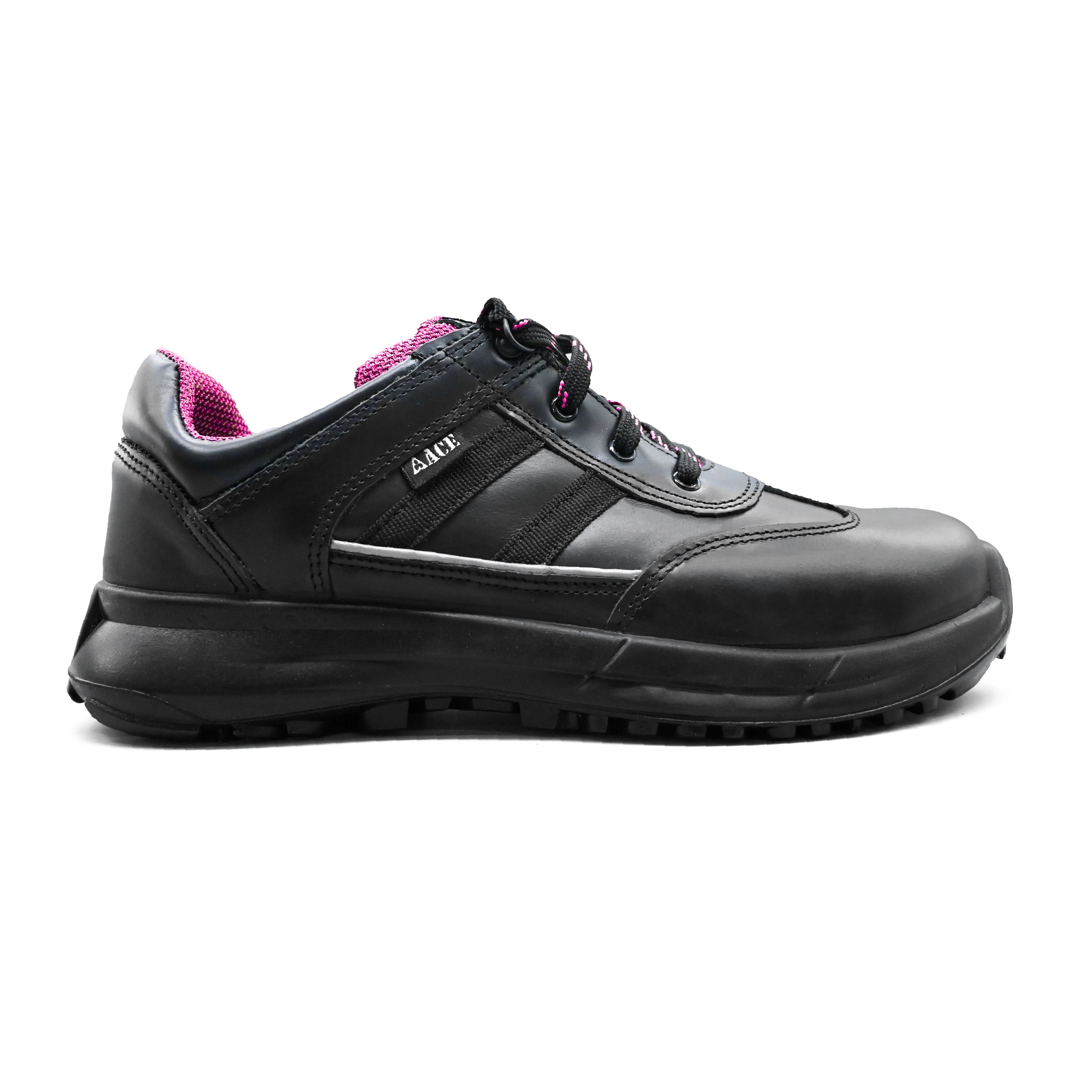 UMOJA Ace Sindi Ladies Safety Shoes – Black Pink | Made in Kenya by Umoja, Water Resistant 1.8mm Leather, Breathable Gallop Mesh, PU Outsole, Steel Toe 200J, ISO 20345:2011 S2 SRC women shoes.