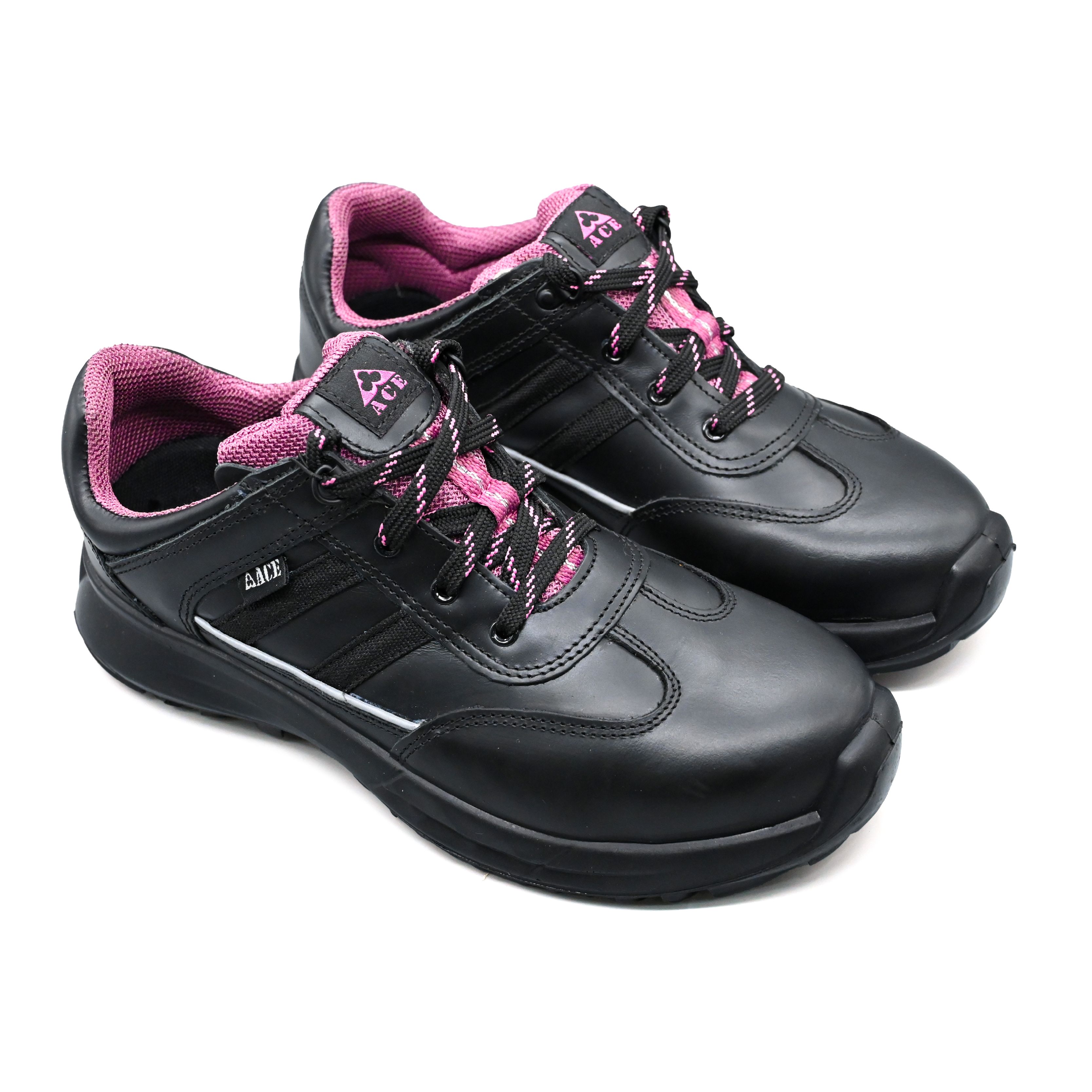 UMOJA Ace Sindi Ladies Safety Shoes – Black Pink | Made in Kenya by Umoja, Water Resistant 1.8mm Leather, Breathable Gallop Mesh, PU Outsole, Steel Toe 200J, ISO 20345:2011 S2 SRC women shoes.