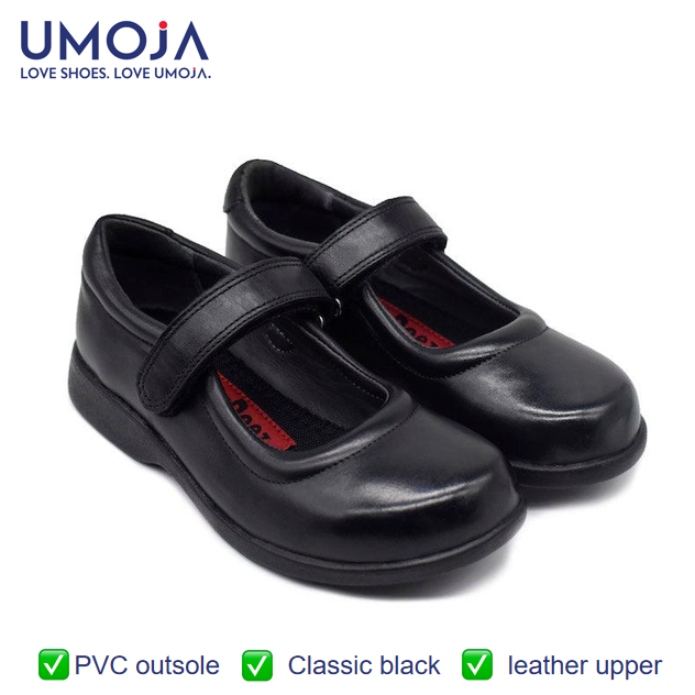 UMOJA Zuri Girls’ Velcro Leather School Shoes – Black | Made in Kenya by Umoja, Genuine Leather Lightweight Build, Anti-Slip Sole Secure Strap & Stylish Finish,kids School shoes.