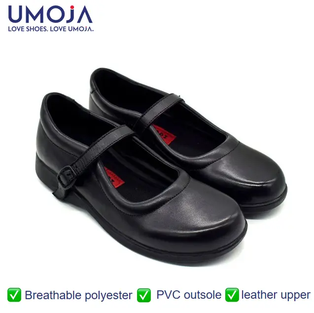 UMOJA Zuri Girls’ Buckle Leather School Shoes – Black | Made in Kenya by Umoja, Genuine Leather, Classic Strap, Lightweight Build, Non-Slip Sole & Comfortable Fit for Learners.