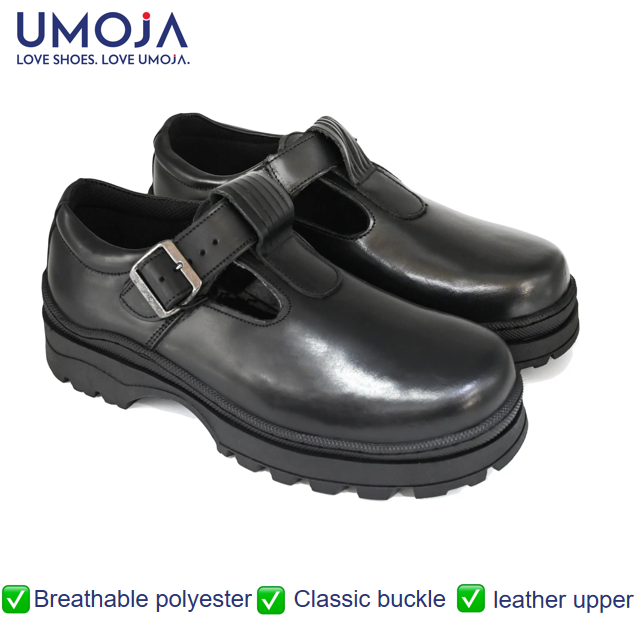 UMOJA Shupavu Girls’ Leather School Shoes – Black | Made in Kenya by Umoja in sizes 9C – 1 , Premium Genuine Leather, Durable Sole, For Little Girls’ Daily School Kids Shoes.