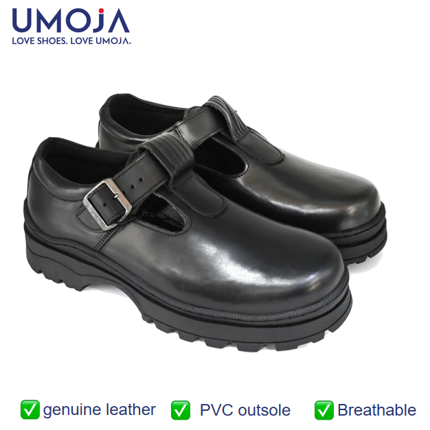 UMOJA Shupavu Girls’ Leather School Shoes – Black | Made in Kenya by Umoja in sizes 2 – 8, Premium Genuine Leather, Durable Sole,  For Little Girls’ Daily School Kids Shoes.