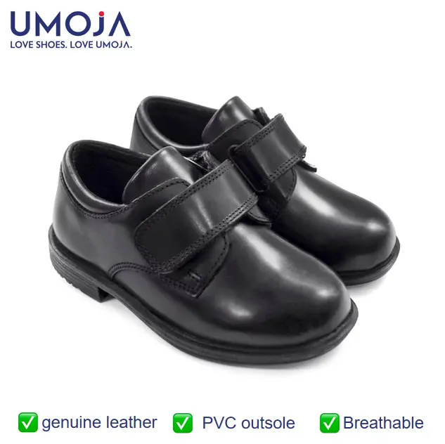 UMOJA Taji Boys’ Single Velcro Leather School Shoes – Black | Made in Kenya by Umoja, Genuine Leather, Durable Sole, Easy Double-Strap Closure, For School Kids Shoes.