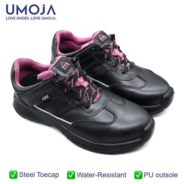 UMOJA Ace Sindi Ladies Safety Shoes – Black Pink | Made in Kenya by Umoja, Water Resistant 1.8mm Leather, Breathable Gallop Mesh, PU Outsole, Steel Toe 200J, ISO 20345:2011 S2 SRC women shoes.
