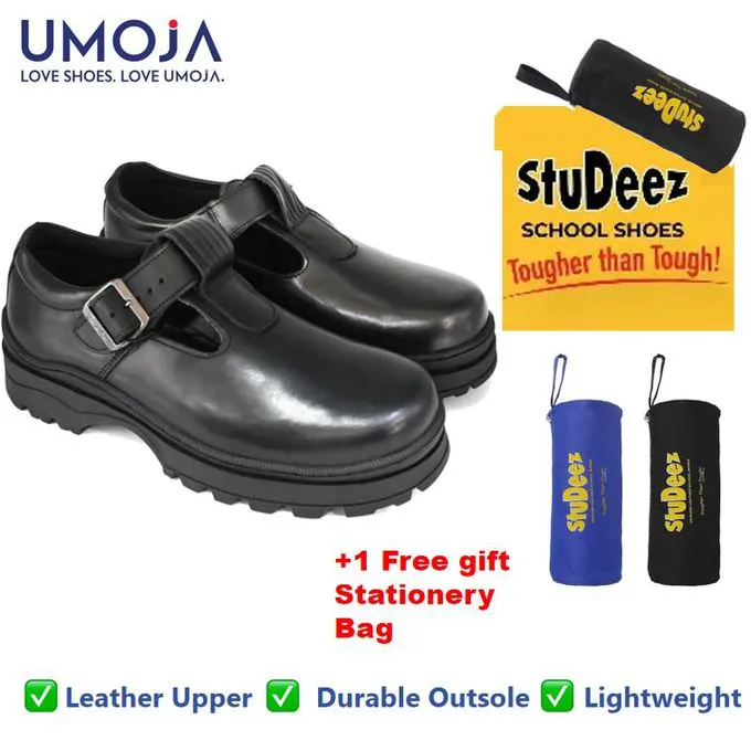 UMOJA Shupavu Girls’ Leather School Shoes – Black | Made in Kenya by Umoja in sizes 9C – 1 , Premium Genuine Leather, Durable Sole, For Little Girls’ Daily School Kids Shoes.