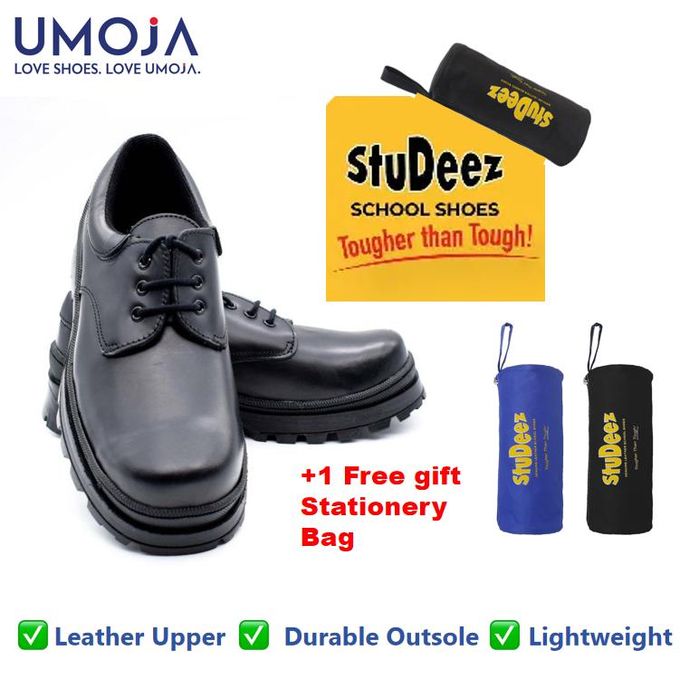 UMOJA Shupavu® Boys’ Black Leather School Shoes – Made in Kenya | Water Resistant Leather Upper, PVC Outsole, Breathable Mesh Lining – Sizes 9C to 1 All Day Comfort School Shoes.