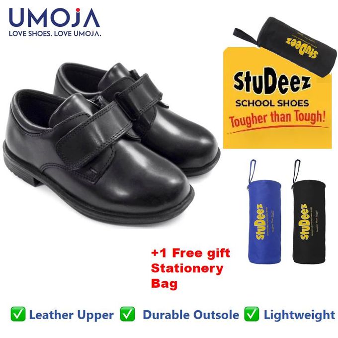 UMOJA Taji Boys’ Single Velcro Leather School Shoes – Black | Made in Kenya by Umoja, Genuine Leather, Durable Sole, Easy Double-Strap Closure, For School Kids Shoes.