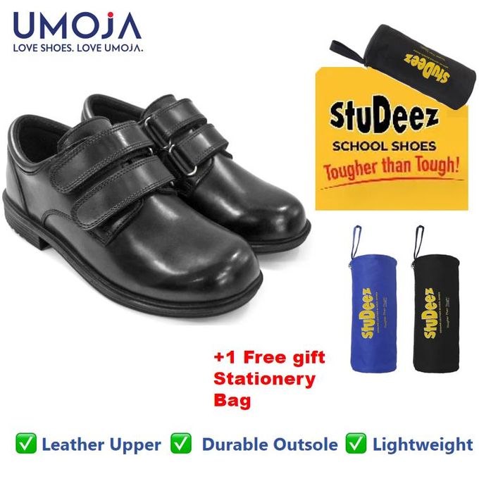 UMOJA Taji Boys’ Double Velcro Leather School Shoes – Black | Made in Kenya by Umoja, Genuine Leather, Durable Sole, Easy Double-Strap Closure, For School kids Shoes.