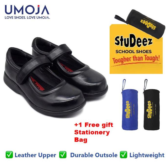 UMOJA Zuri Girls’ Velcro Leather School Shoes – Black | Made in Kenya by Umoja, Genuine Leather Lightweight Build, Anti-Slip Sole Secure Strap & Stylish Finish,kids School shoes.