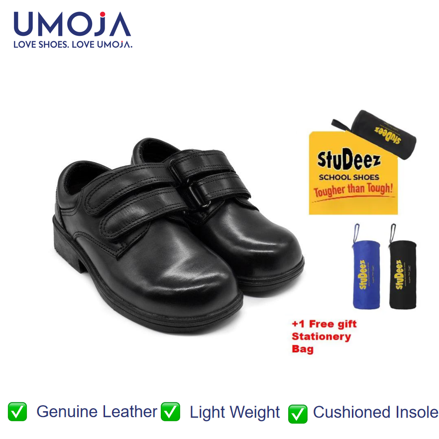 UMOJA Studeez Kiddies Black Leather School Shoes – Boys & Girls | Double Velcro Straps, Anti-Slip Sole, Padded Collar | Sizes 11C – 4 | Made in Kenya by Umoja