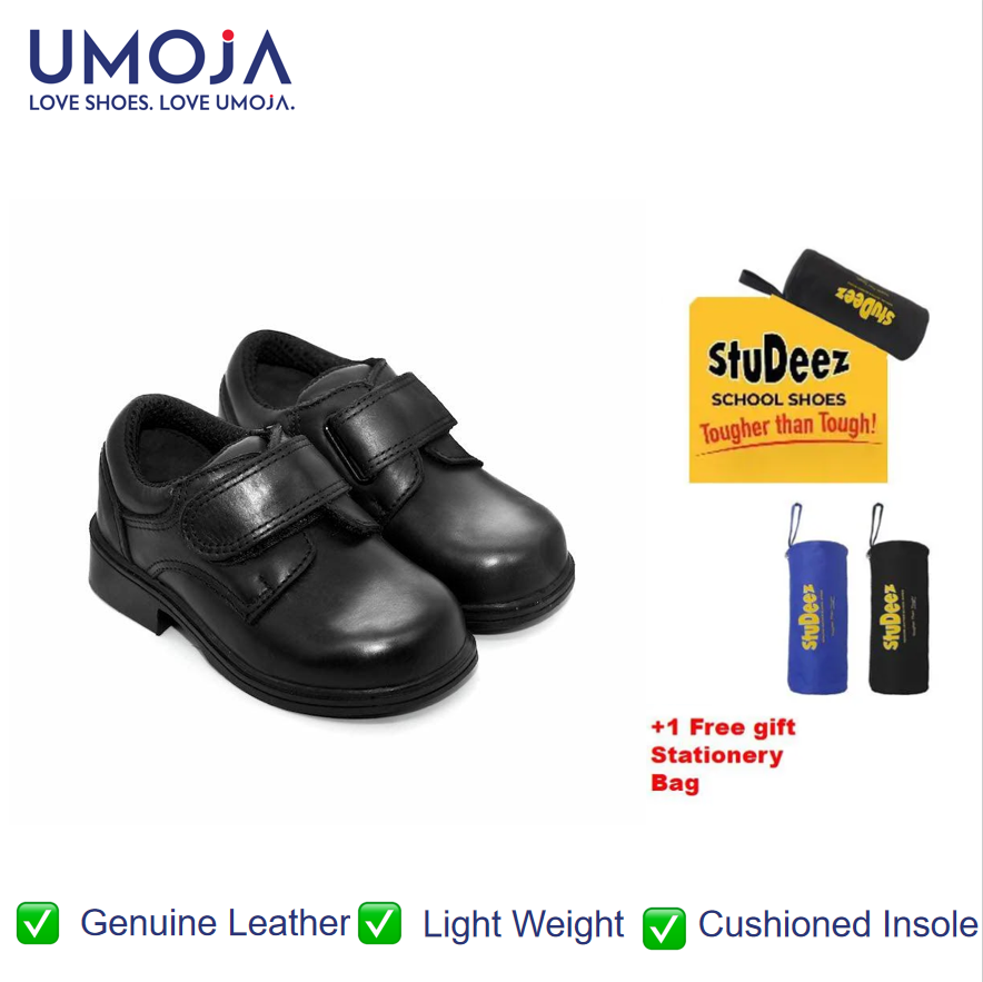 UMOJA Studeez Kiddies Girls’ Black Leather School Shoes – One Buckle | Genuine Leather, Anti-Slip Sole, Lightweight & Durable, Comfortable Fit, Made in Kenya (Sizes 6C–10C)