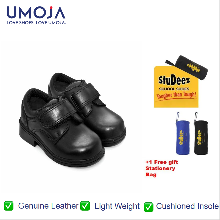 UMOJA Studeez Kiddies Black Leather School Shoes – Buckled | Genuine Leather, Anti-Slip Sole, Lightweight & Durable, Comfortable Fit, Made in Kenya (Sizes 6C–10C) Kids Shoe.