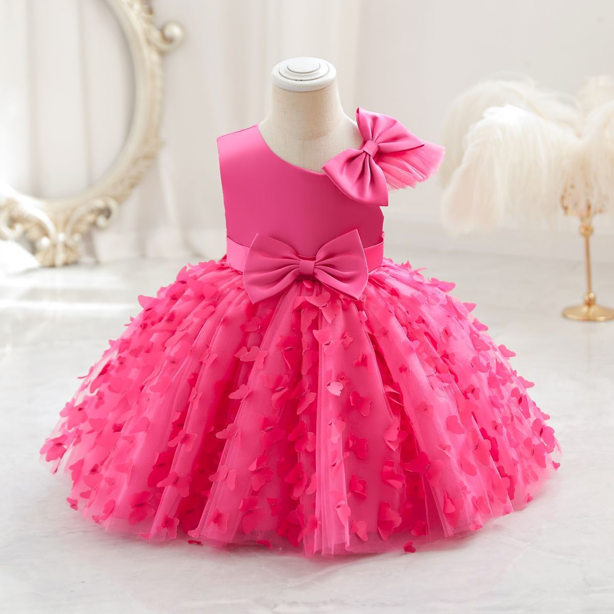 Hot Pink Baby Girl Princess Birthday Party Casual Dresses Outfit Newborn Dress Kids Dress perfect for Photoshoot, Birthday, Parties and Weddings