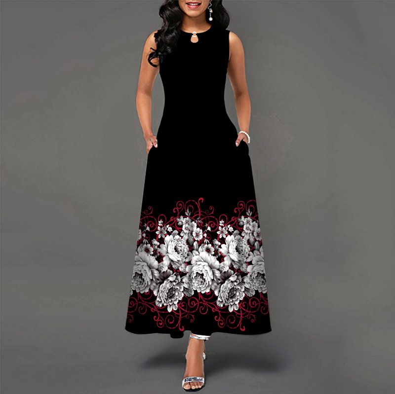 European and American sleeveless long dresses, women's positioning, printed large hem dresses, bohemian retro Long skirt