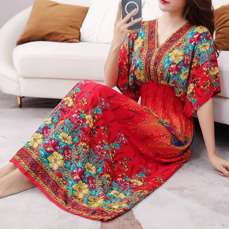 Cotton silk dress beach ethnic large size floral print seaside vacation bohemian fairy dress long skirt
