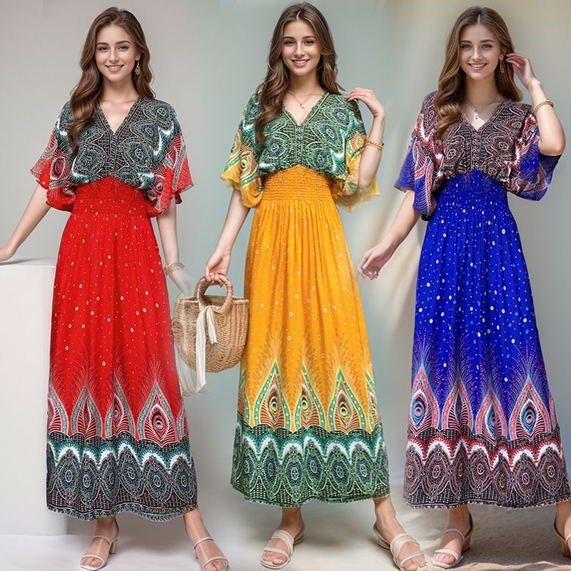 Cotton silk dress beach ethnic large size floral print seaside vacation bohemian fairy dress long skirt