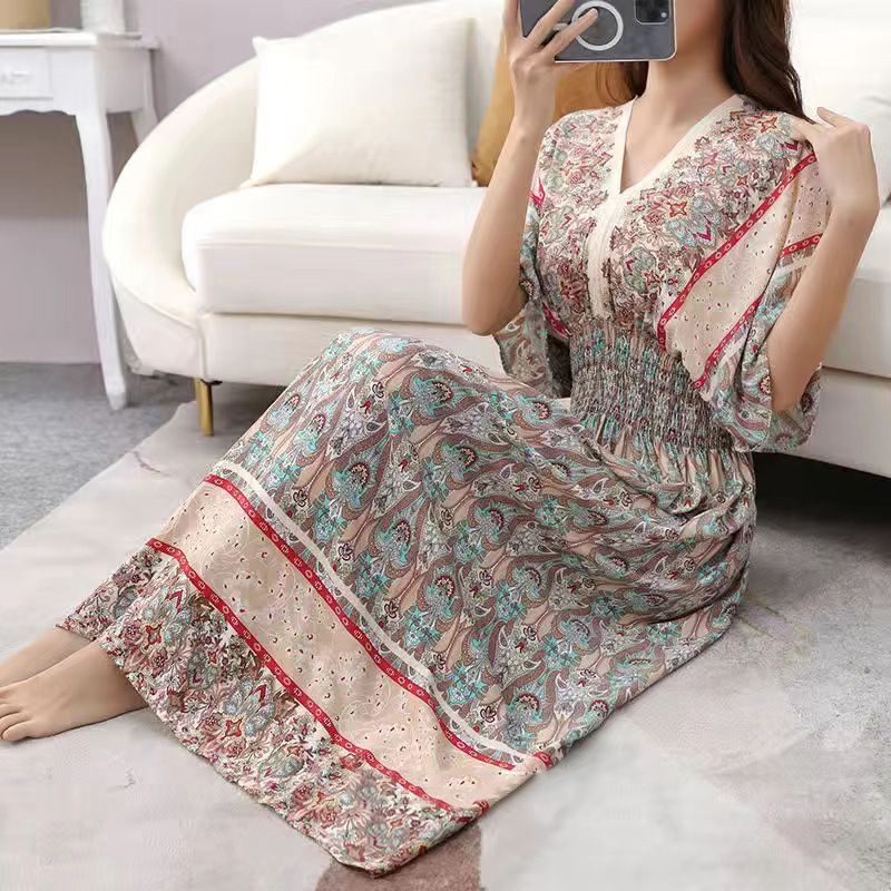 Cotton silk dress beach ethnic large size floral print seaside vacation bohemian fairy dress long skirt