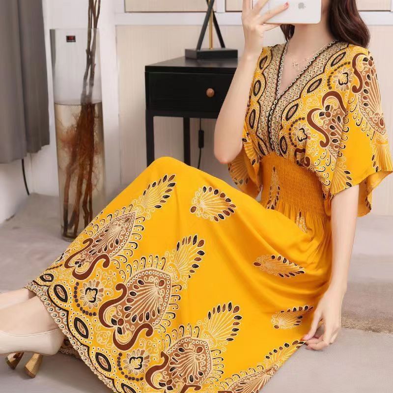Cotton silk dress beach ethnic large size floral print seaside vacation bohemian fairy dress long skirt