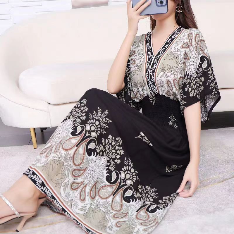 Cotton silk dress beach ethnic large size floral print seaside vacation bohemian fairy dress long skirt