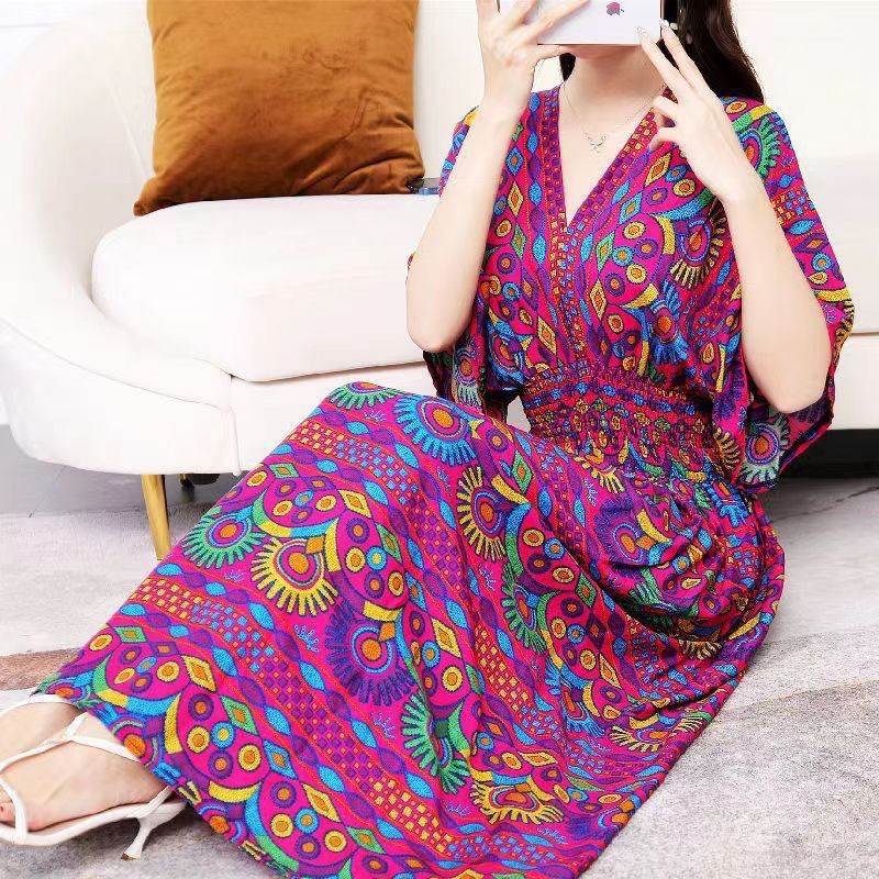 Cotton silk dress beach ethnic large size floral print seaside vacation bohemian fairy dress long skirt