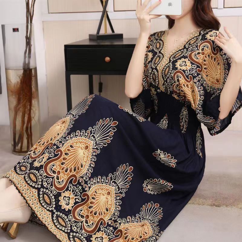 Cotton silk dress beach ethnic large size floral print seaside vacation bohemian fairy dress long skirt