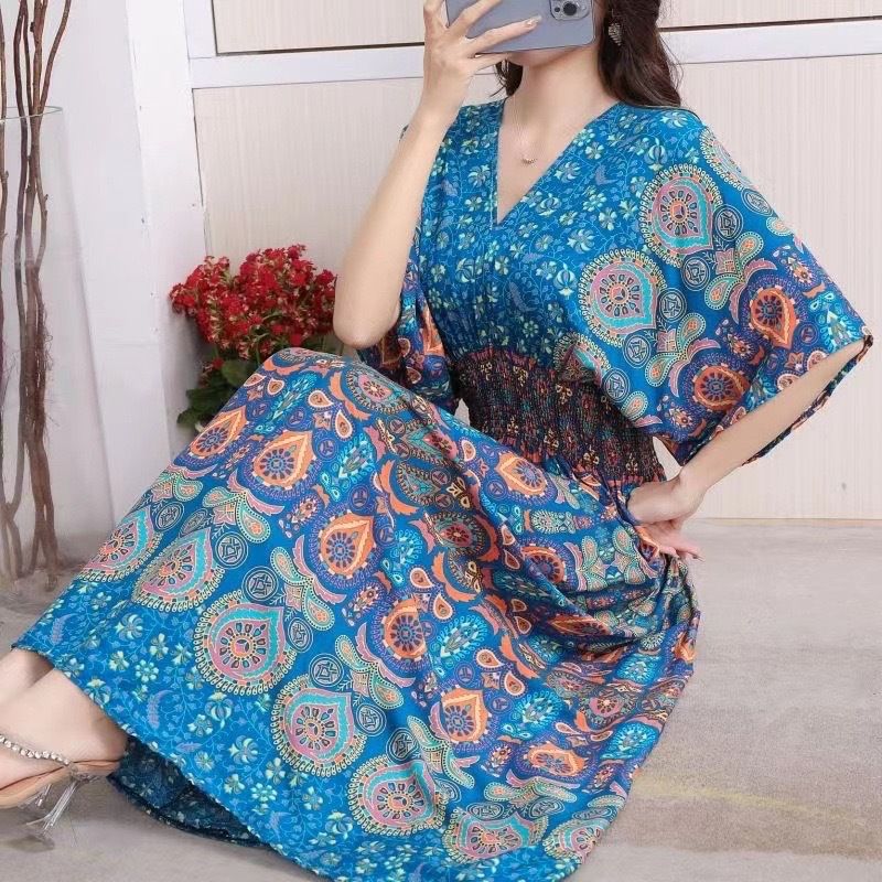 Cotton silk dress beach ethnic large size floral print seaside vacation bohemian fairy dress long skirt