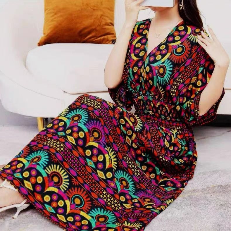 Cotton silk dress beach ethnic large size floral print seaside vacation bohemian fairy dress long skirt