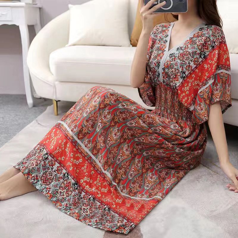Cotton silk dress beach ethnic large size floral print seaside vacation bohemian fairy dress long skirt