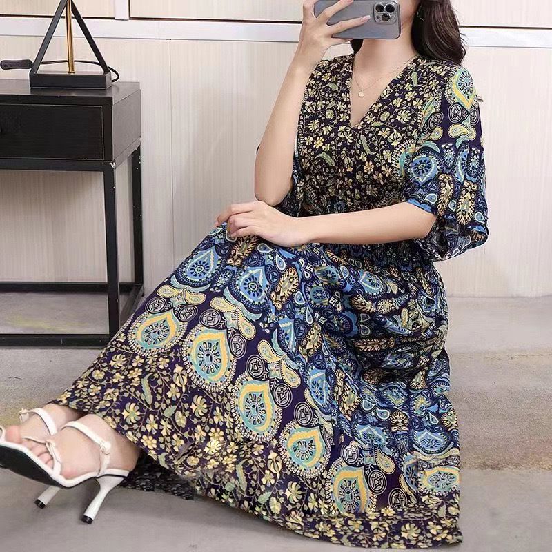 Cotton silk dress beach ethnic large size floral print seaside vacation bohemian fairy dress long skirt