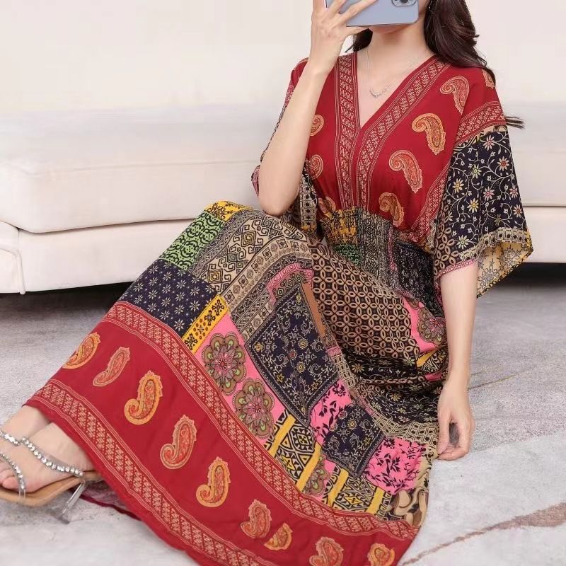 Cotton silk dress beach ethnic large size floral print seaside vacation bohemian fairy dress long skirt