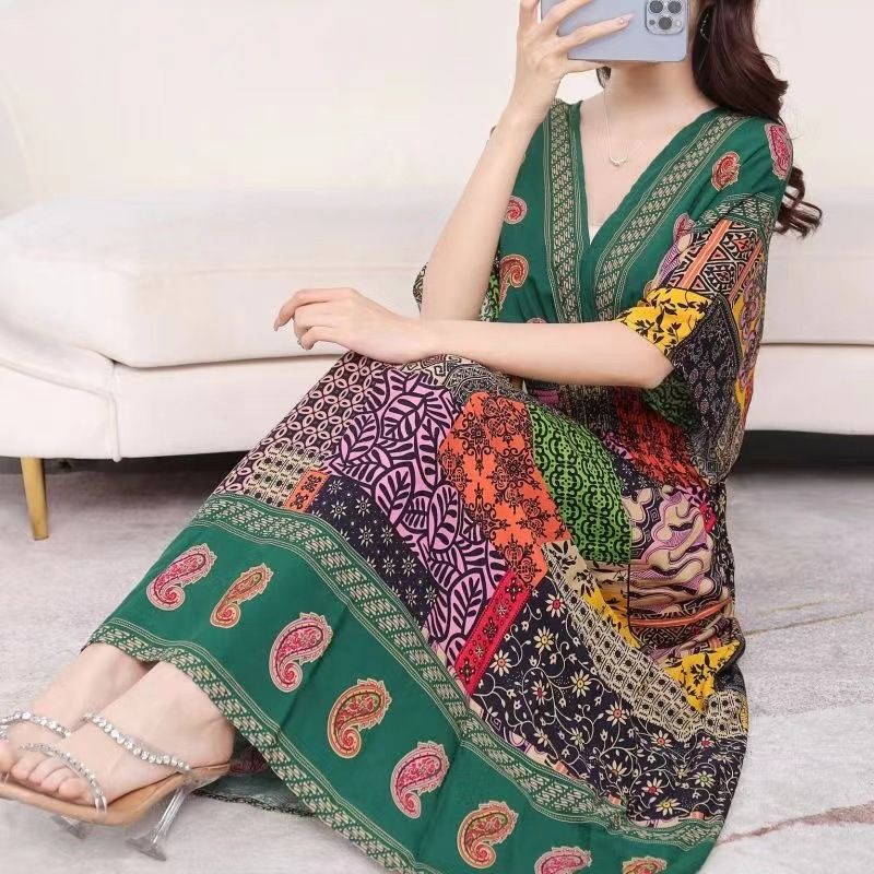 Cotton silk dress beach ethnic large size floral print seaside vacation bohemian fairy dress long skirt