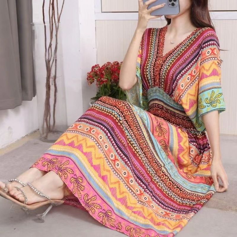 Cotton silk dress beach ethnic large size floral print seaside vacation bohemian fairy dress long skirt