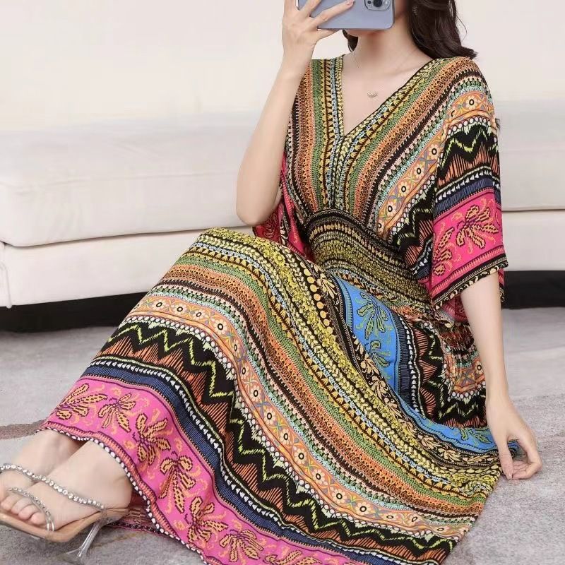 Cotton silk dress beach ethnic large size floral print seaside vacation bohemian fairy dress long skirt