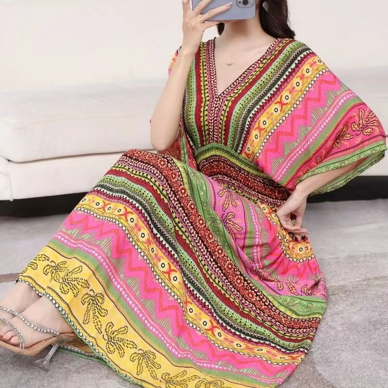 Cotton silk dress beach ethnic large size floral print seaside vacation bohemian fairy dress long skirt