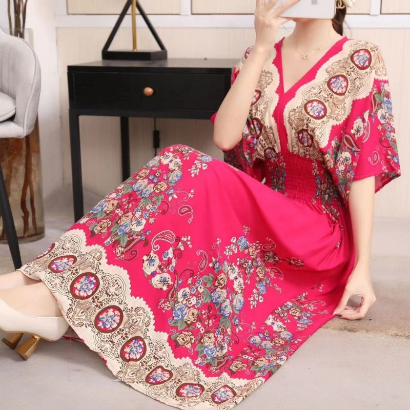 Cotton silk dress beach ethnic large size floral print seaside vacation bohemian fairy dress long skirt