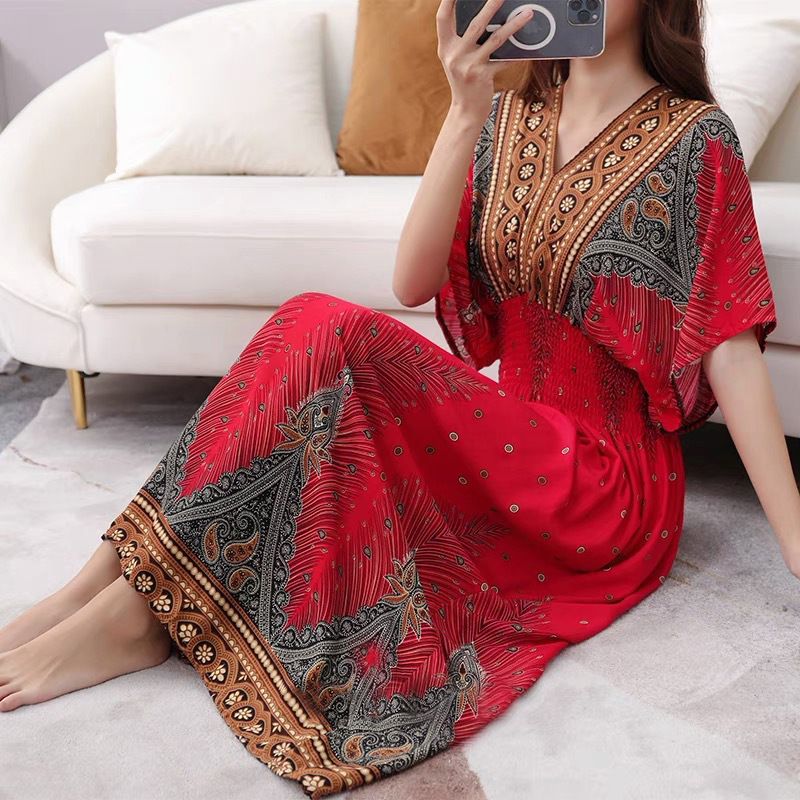 Cotton silk dress beach ethnic large size floral print seaside vacation bohemian fairy dress long skirt