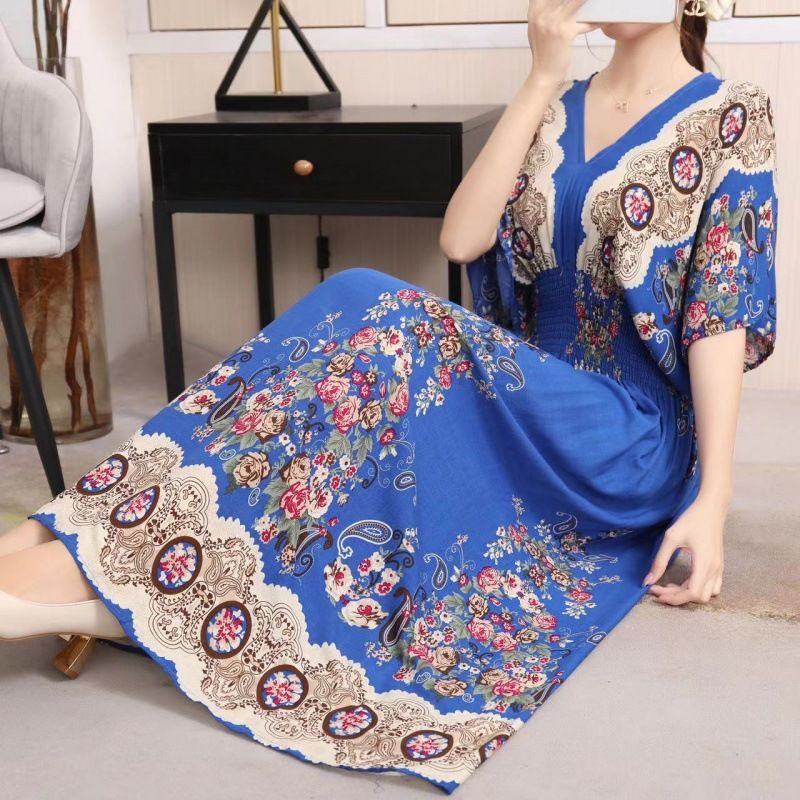 Cotton silk dress beach ethnic large size floral print seaside vacation bohemian fairy dress long skirt