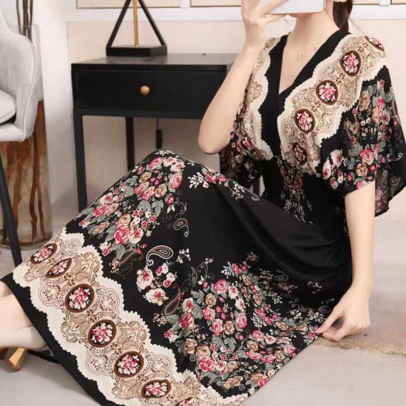Cotton silk dress beach ethnic large size floral print seaside vacation bohemian fairy dress long skirt