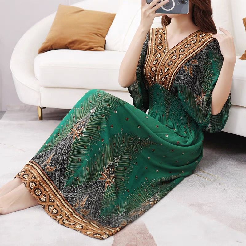 Cotton silk dress beach ethnic large size floral print seaside vacation bohemian fairy dress long skirt