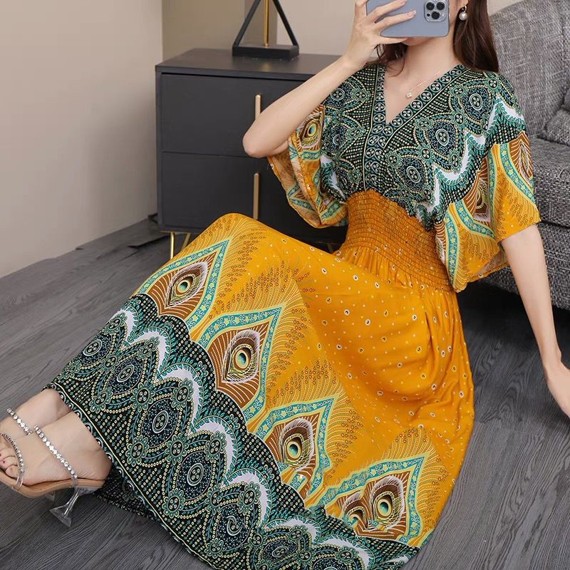 Cotton silk dress beach ethnic large size floral print seaside vacation bohemian fairy dress long skirt