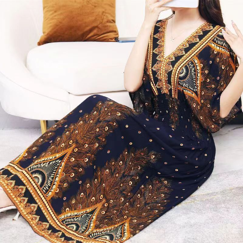 Cotton silk dress beach ethnic large size floral print seaside vacation bohemian fairy dress long skirt