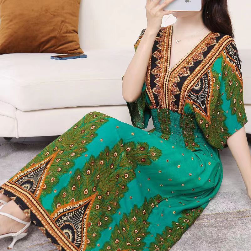 Cotton silk dress beach ethnic large size floral print seaside vacation bohemian fairy dress long skirt