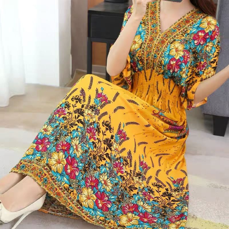 Cotton silk dress beach ethnic large size floral print seaside vacation bohemian fairy dress long skirt