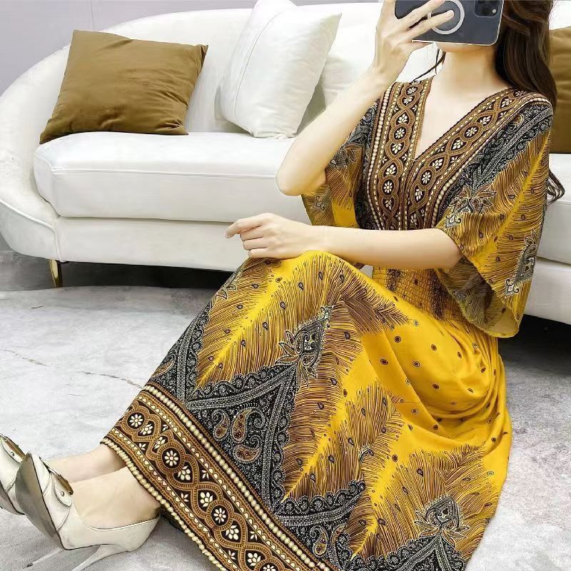 Cotton silk dress beach ethnic large size floral print seaside vacation bohemian fairy dress long skirt